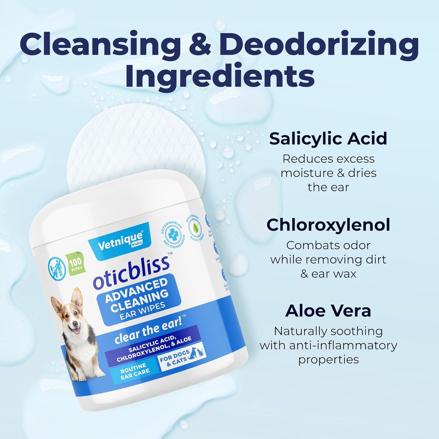 Lingettes pour Chat aloe Vera apaisant et de la Vitamine E, Oreille Propre x100