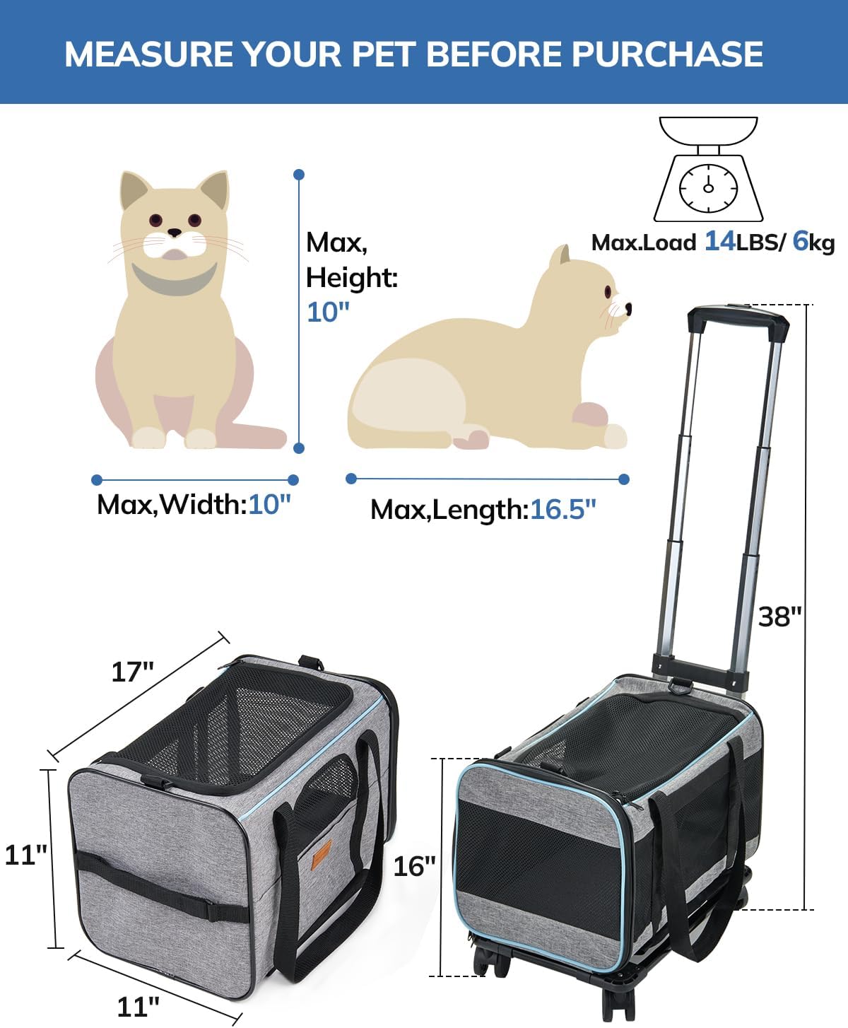 Sac Transport Chat à roulette 43x28x28 6kg