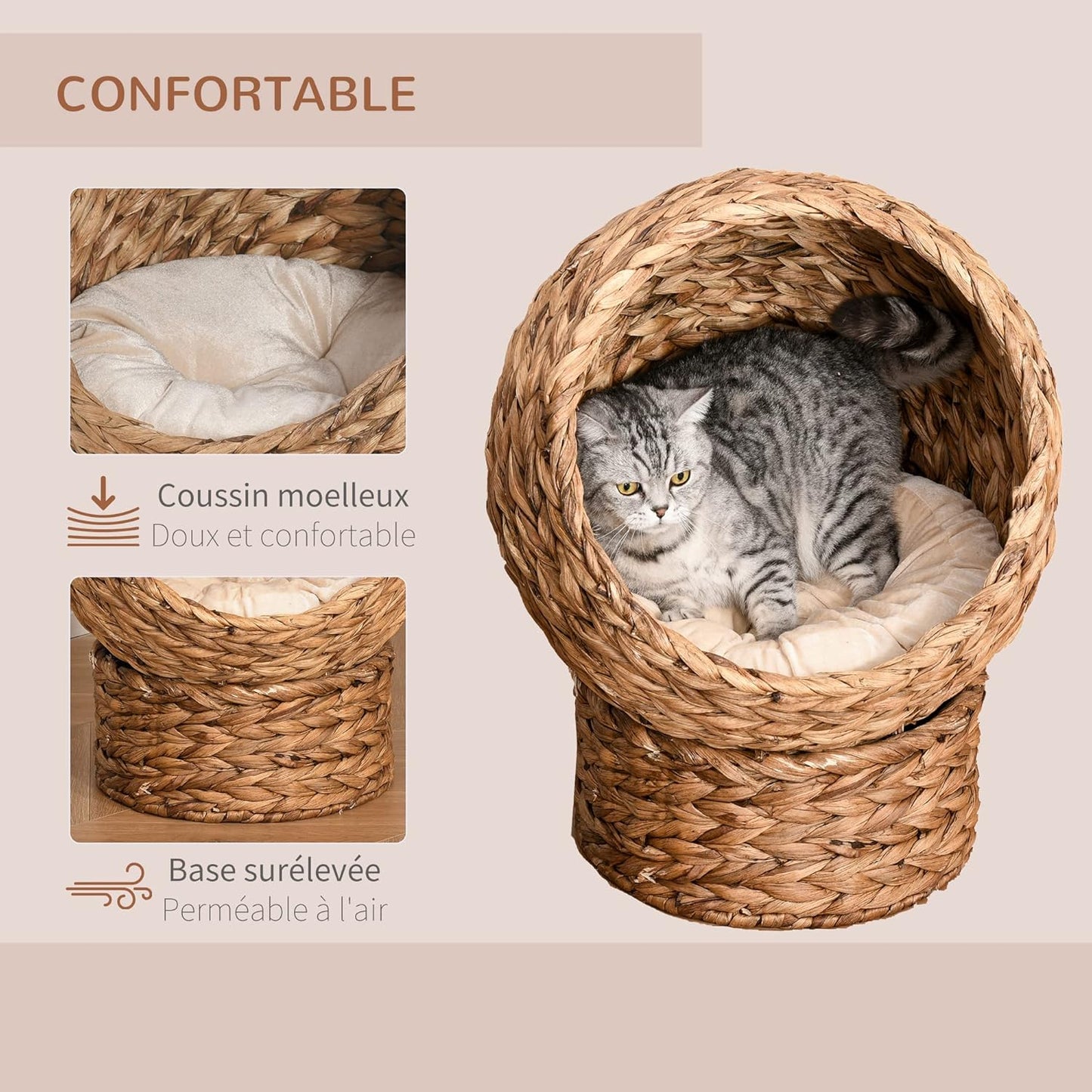 Panier Chat Coussin 42L x 33l x 52H cm Coussin Moelleux Beige Inclus