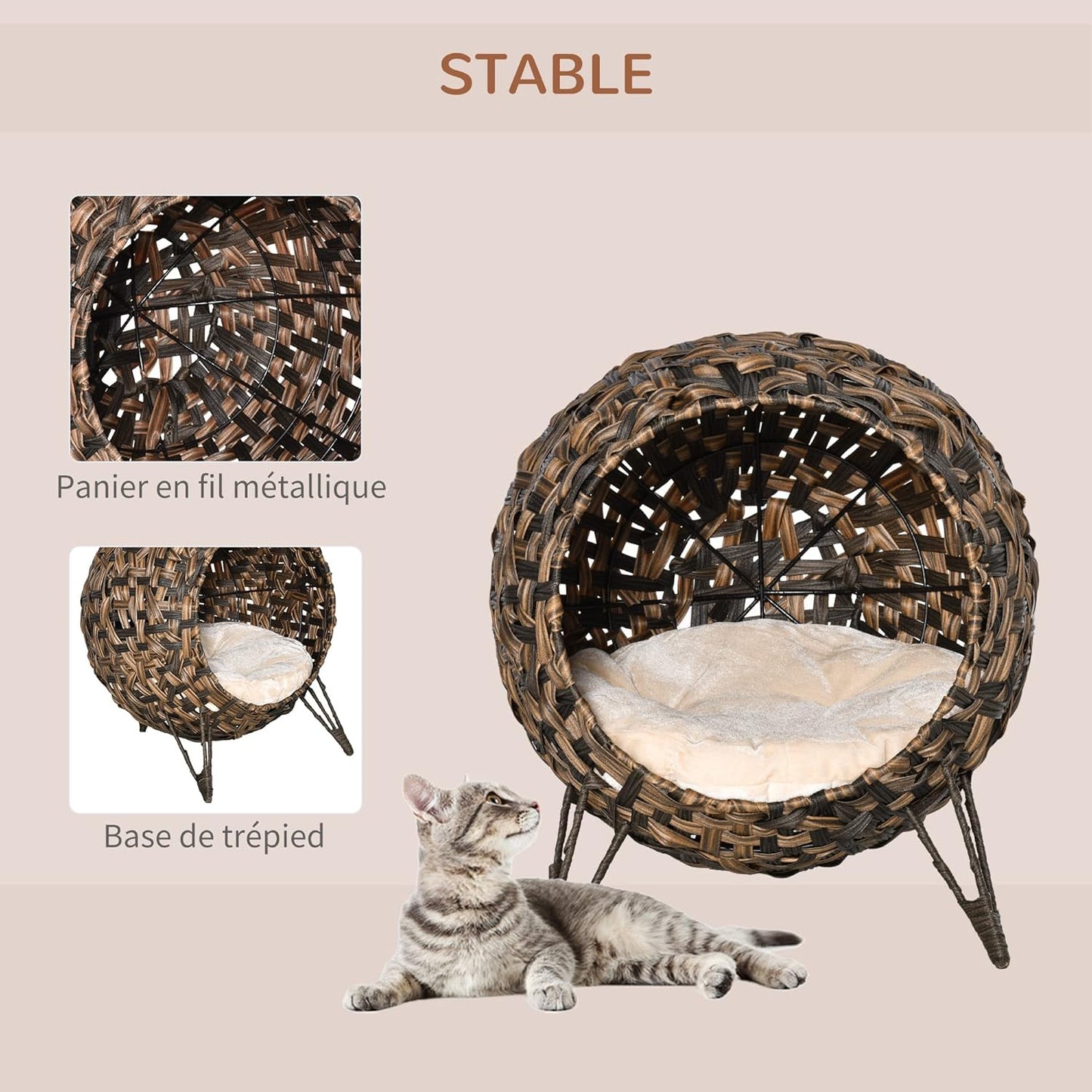 Panier Chat Coussin Ø 52 x 58H cm Coussin Moelleux Beige Inclus